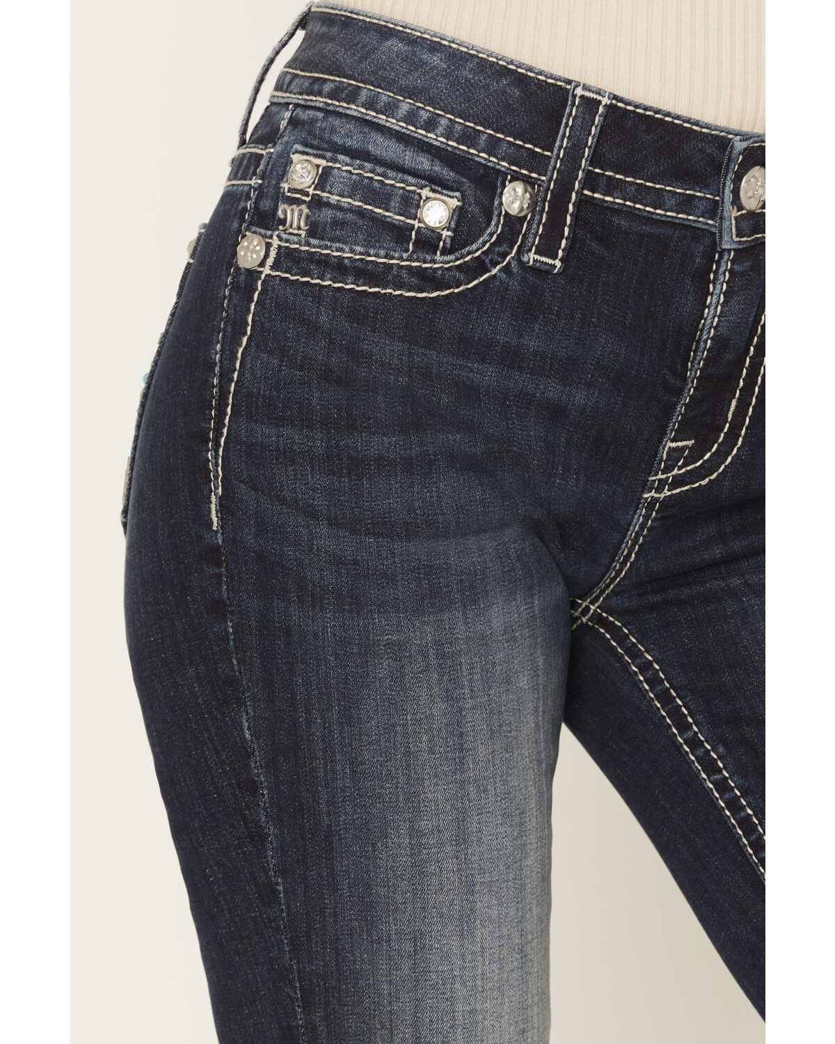 Image #4 - Miss Me Women's Medium Wash Mid Rise Fleur De Lis 32" Bootcut Stretch Denim Jeans, Medium Wash, hi-res