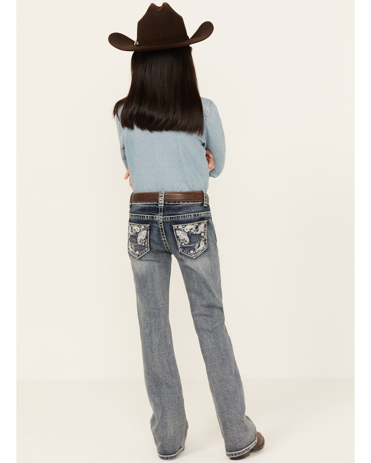 Image #1 - Shyanne Girls' Medium Wash Faded Paisley Pocket Stretch Bootcut Jeans, Blue, hi-res