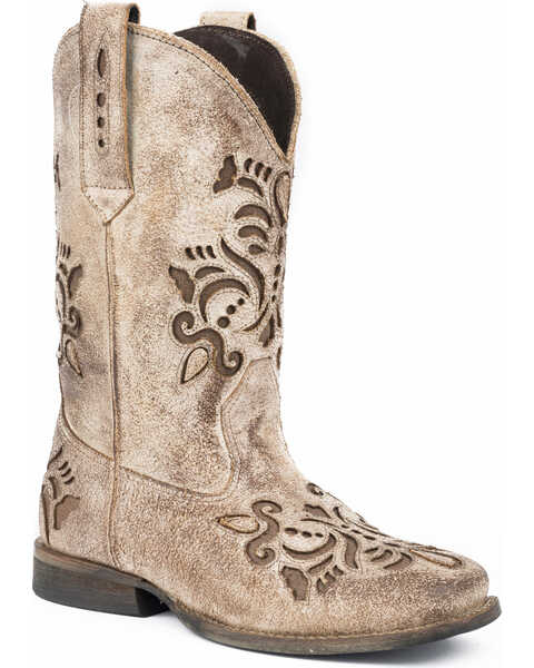 Image #1 - Roper Girls' Belle Floral Filigree Cutout Cowgirl Boots - Round Toe, , hi-res