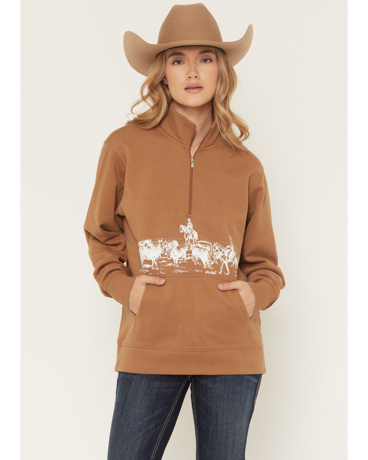 Image #1 - Ariat Women's Boot Barn Exclusive Scenic 1/2 Zip Pullover, Brown, hi-res