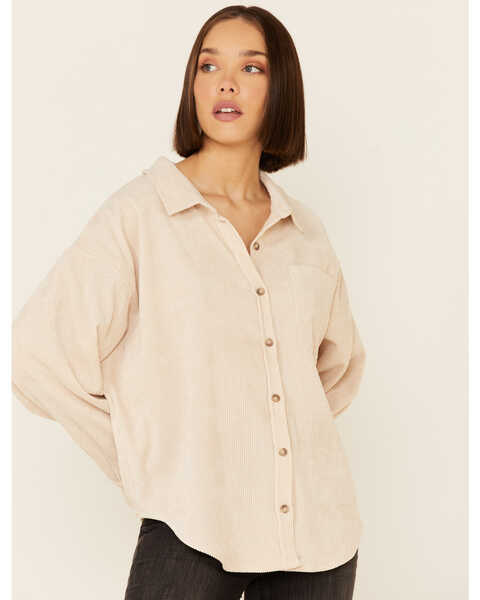 Wishlist Women's Solid Corduroy Oversized Long Sleeve Button-Down Shirt , Sand, hi-res