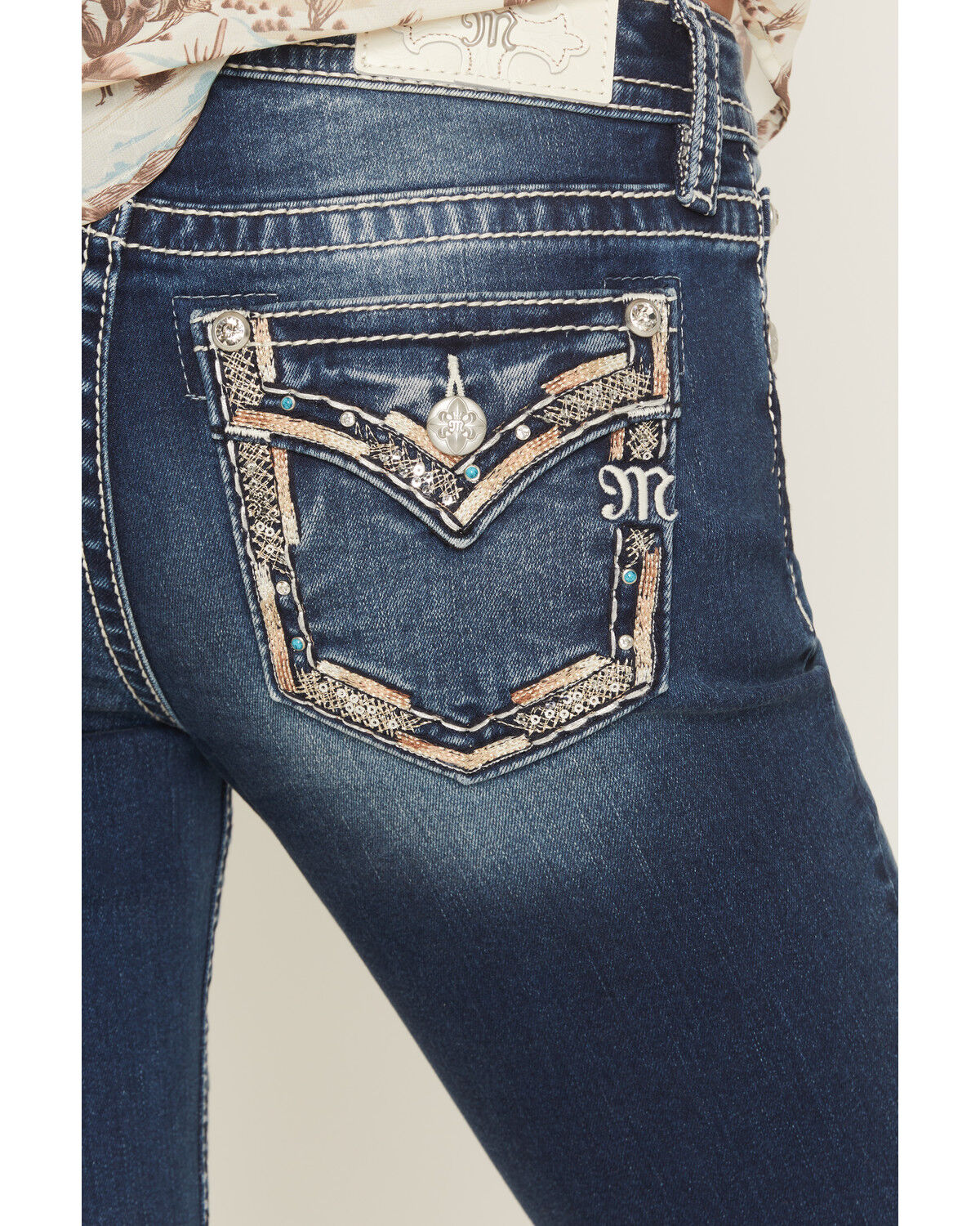 Miss Me Women's Medium Wash Mid Rise Border Pocket 34" Bootcut Stretch Denim Jeans