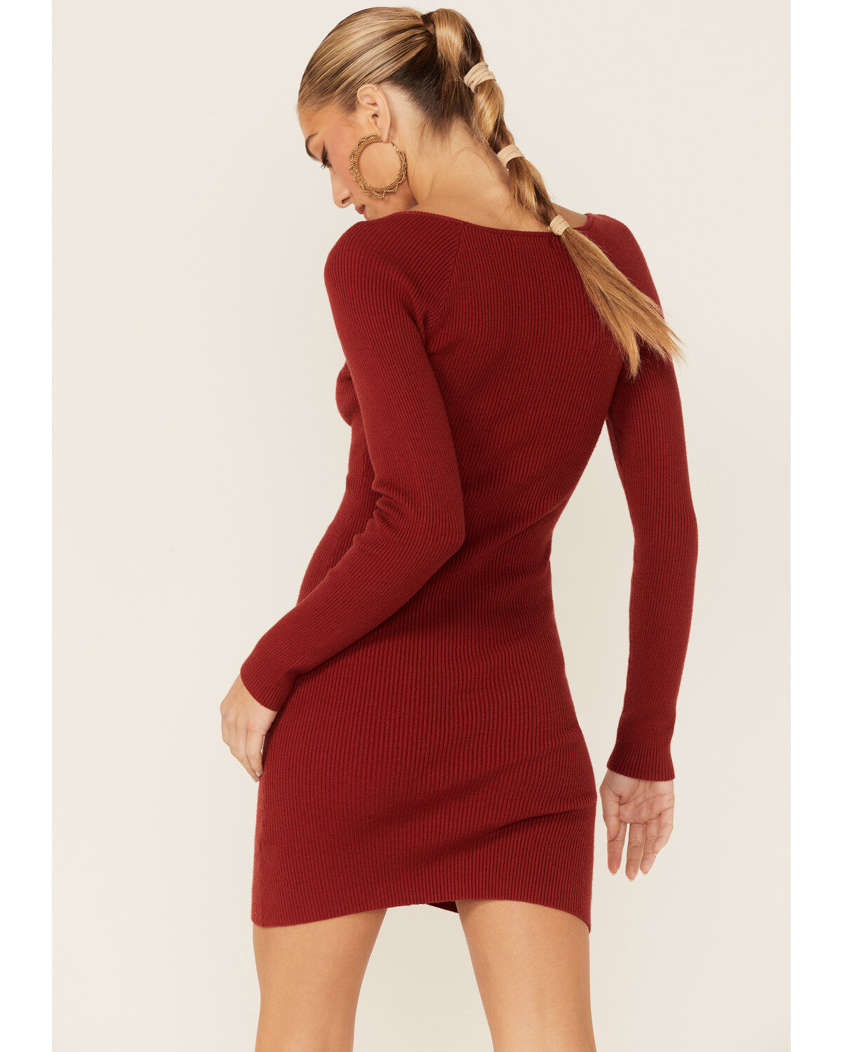 Image #3 - Lush Women's Long Sleeve Drawstring Sweater Mini Dress, Rust Copper, hi-res