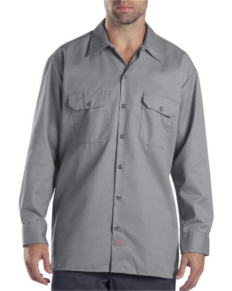 Image #1 - Dickies Men's Solid Twill Button Down Long Sleeve Work Shirt, Silver, hi-res