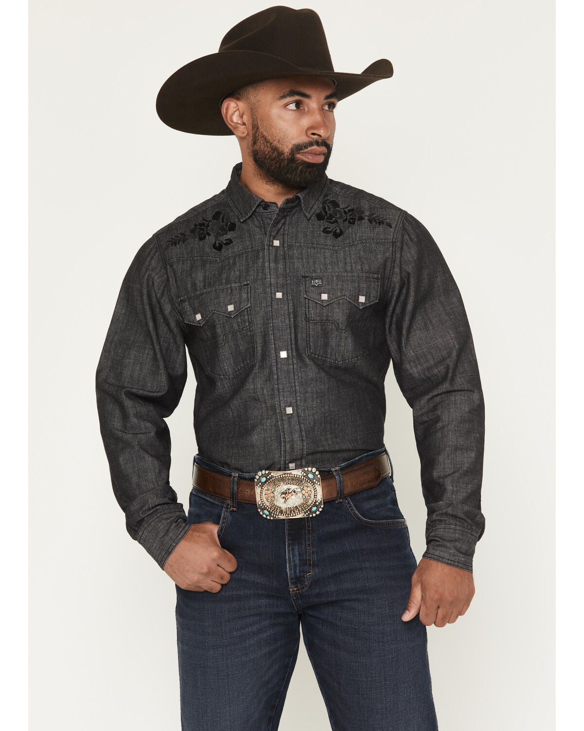 Kimes Ranch Men's Memphis Denim Embroidered Long Sleeve Snap Western Shirt, Black, hi-res