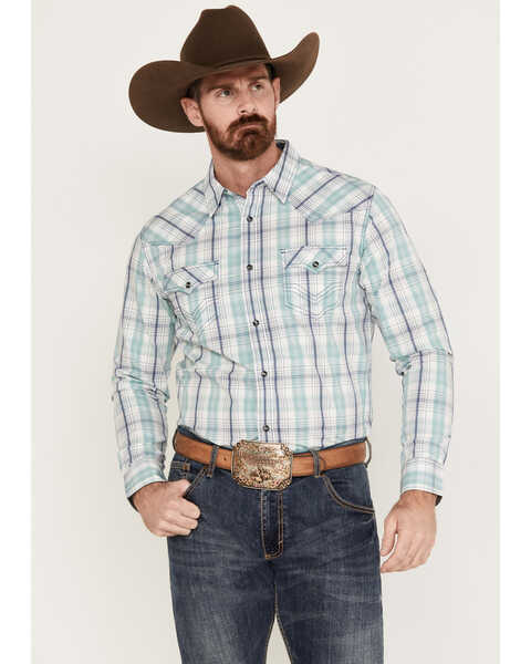 Cody James Men's Ely Plaid Print Long Sleeve Western Snap Shirt, Navy, hi-res