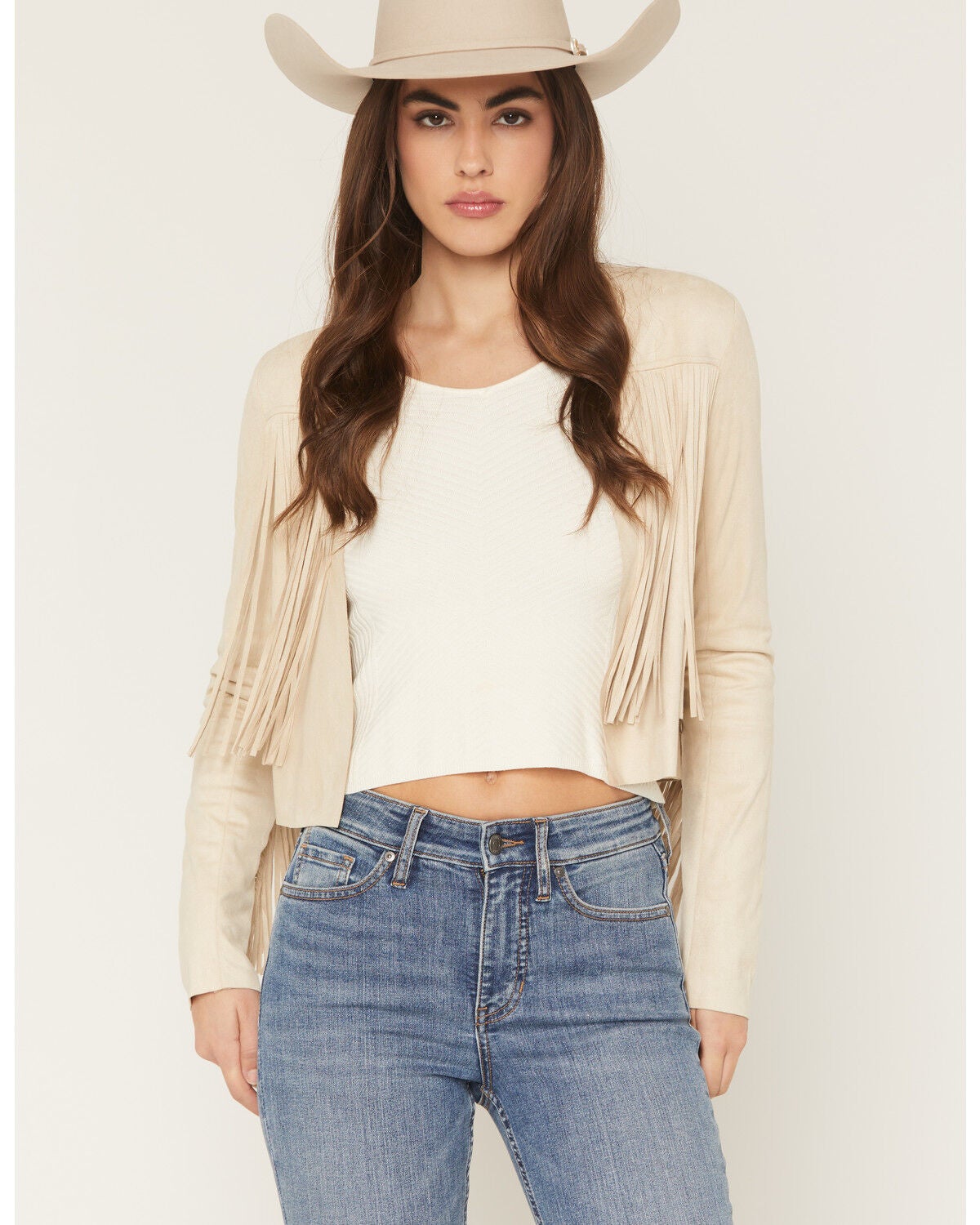 Shyanne Women's Deleon Faux Suede Cropped Fringe Jacket, Oatmeal, hi-res