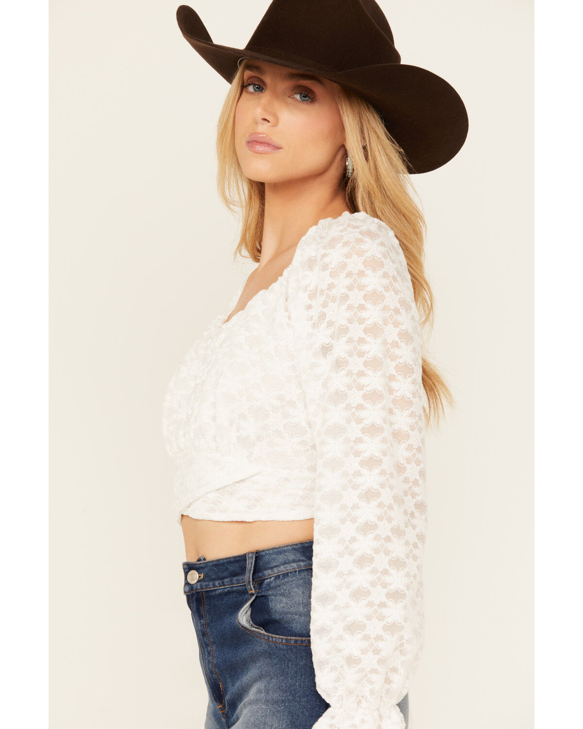 Image #2 - Beyond The Radar Women's Floral Lace Tie Back Long Sleeve Top, White, hi-res