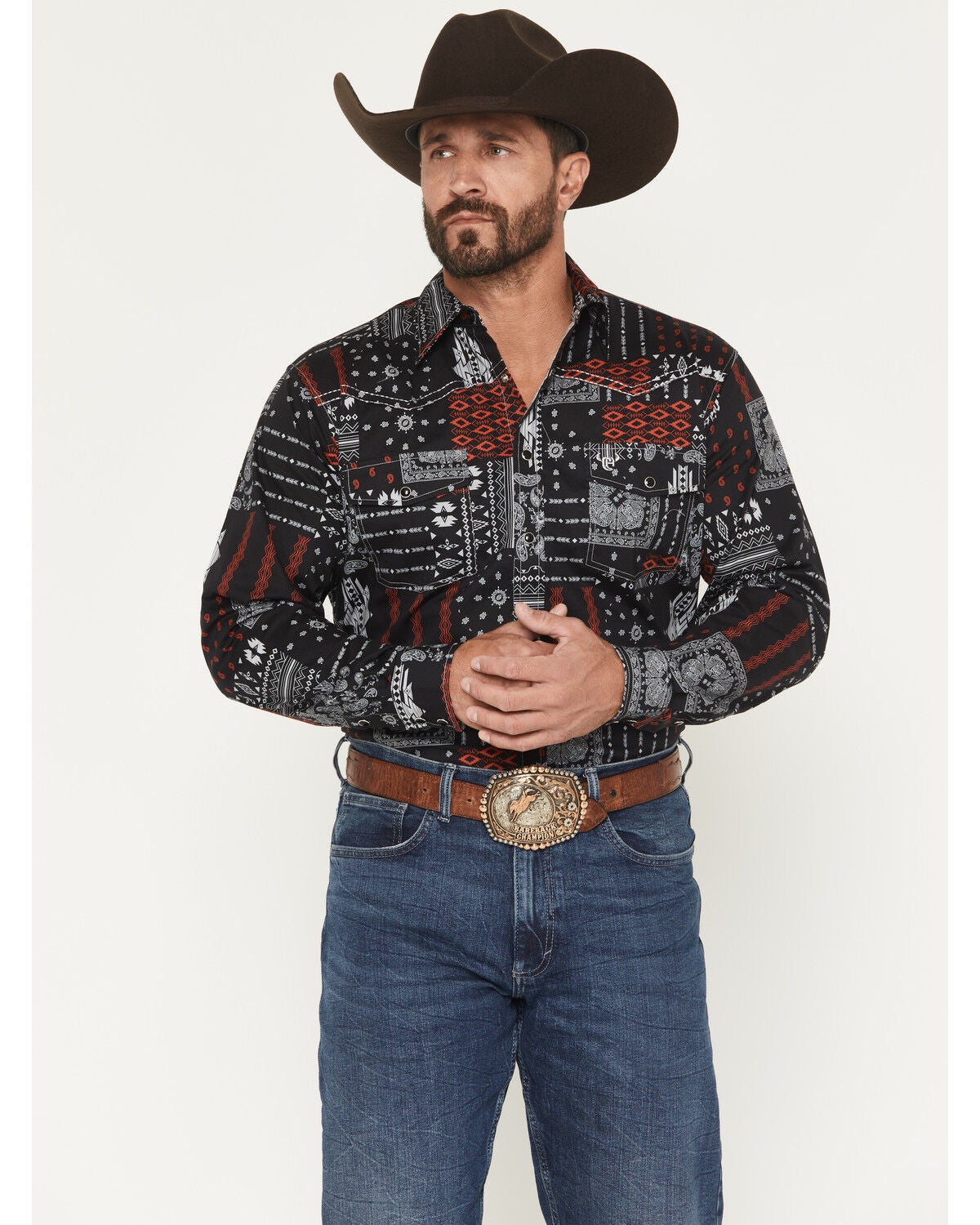 Cowboy Hardware Men's Southwestern Bandana Print Long Sleeve Snap Stretch Western Shirt, Black, hi-res