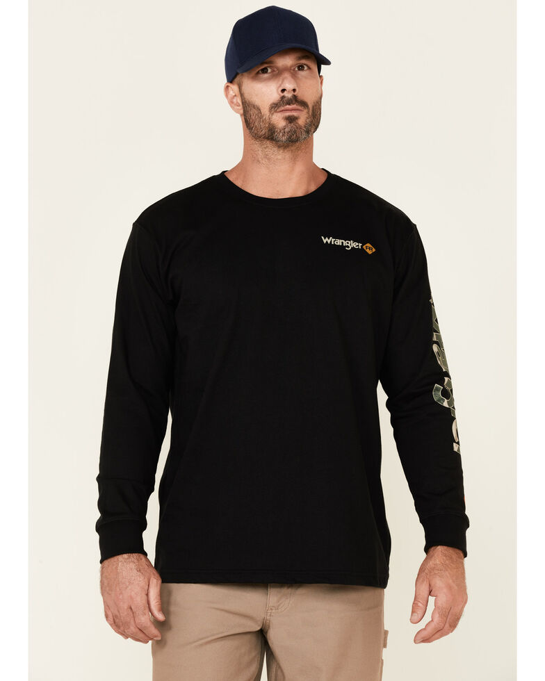 Wrangler FR Men's Black Camo Logo Long Sleeve Work T-Shirt - Big , Black, hi-res