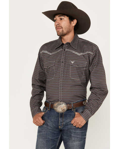 Cowboy Hardware Men's Curvy Diamond Geo Print Long Sleeve Western Snap Shirt, Charcoal, hi-res
