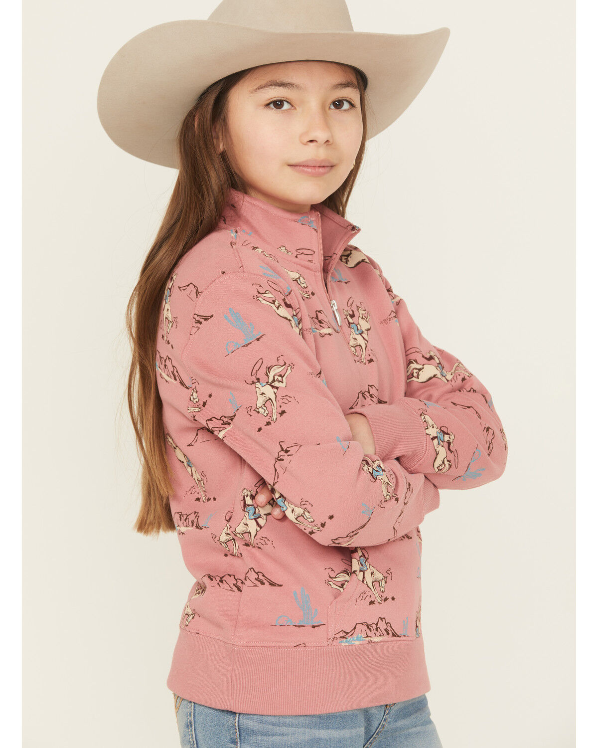 Image #2 - Ariat Girls' Horse Print 1/4 Zip Pullover, Pink, hi-res