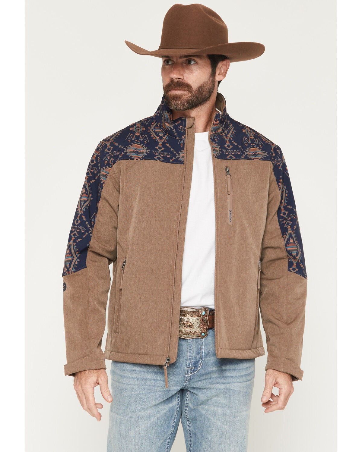 Hooey Men's Jackson Hole Southwestern Colorblock Softshell Jacket, Brown, hi-res