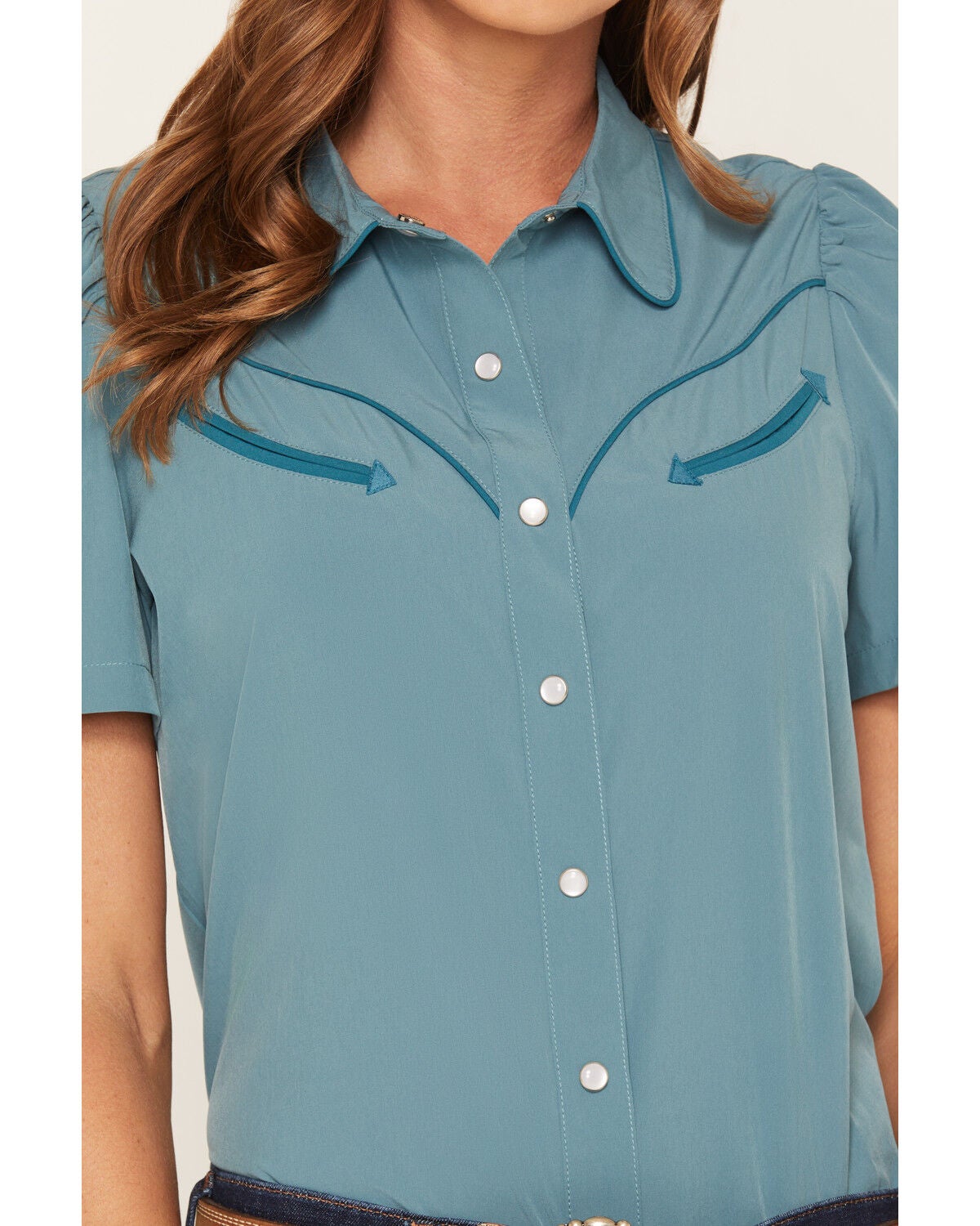 Image #3 - Howdy Hanny Women's Reef Waters Solid Short Sleeve Pearl Snap Performance Stretch Western Shirt, Ocean Blue, hi-res