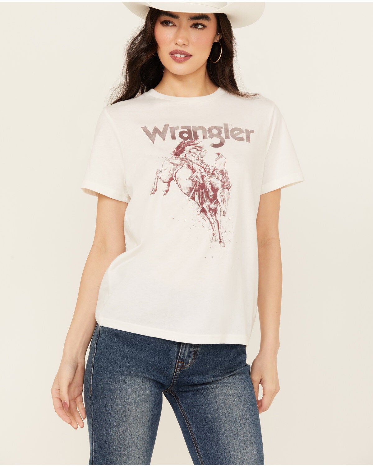 Wrangler Women's Bucking Bronco Logo Short Sleeve Graphic Tee, White, hi-res