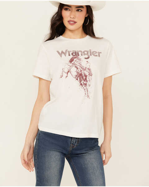 Wrangler Women's Bucking Bronco Logo Short Sleeve Graphic Tee , White, hi-res