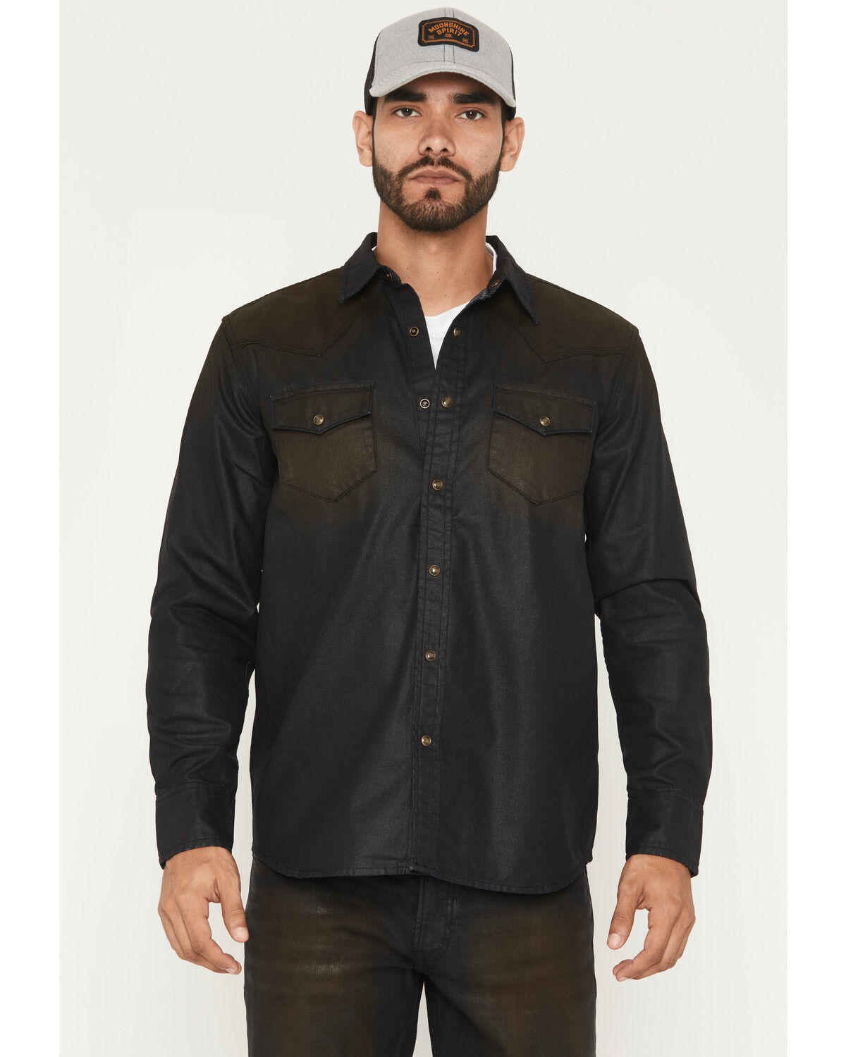 Image #1 - Moonshine Spirit Men's Wax Coated Denim Long Sleeve Snap Western Shirt, Dark Wash, hi-res