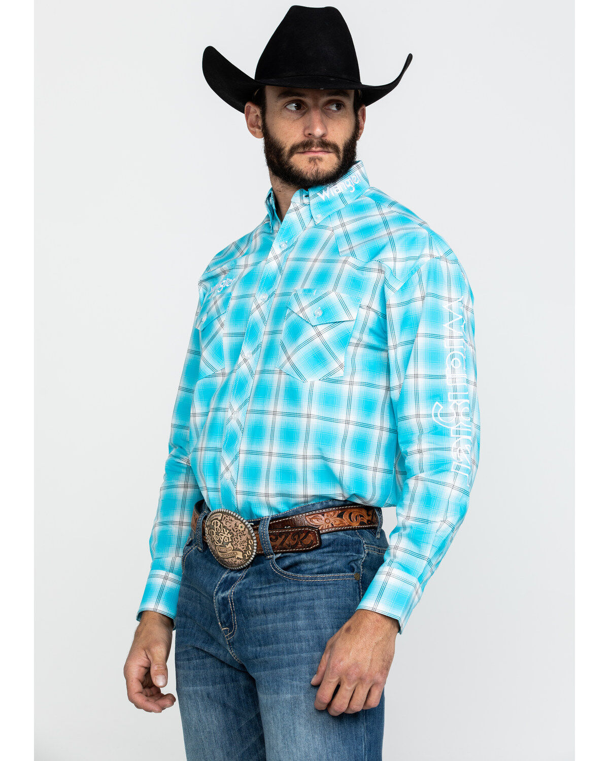 Image #3 - Wrangler Men's Turquoise Logo Large Plaid Long Sleeve Western Shirt , , hi-res