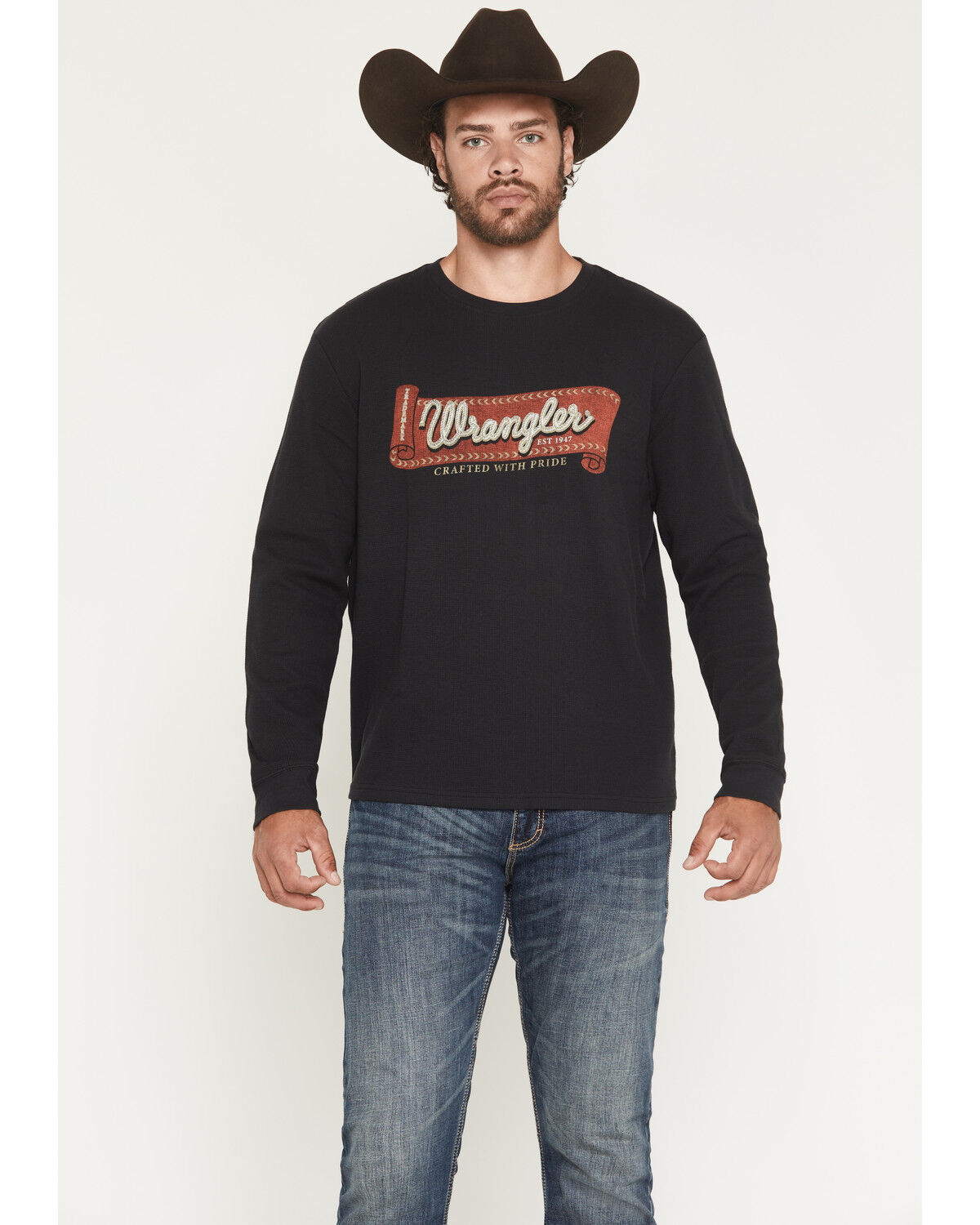 Image #1 - Wrangler Men's Rope Logo Waffle Knit Long Sleeve Shirt, Black, hi-res