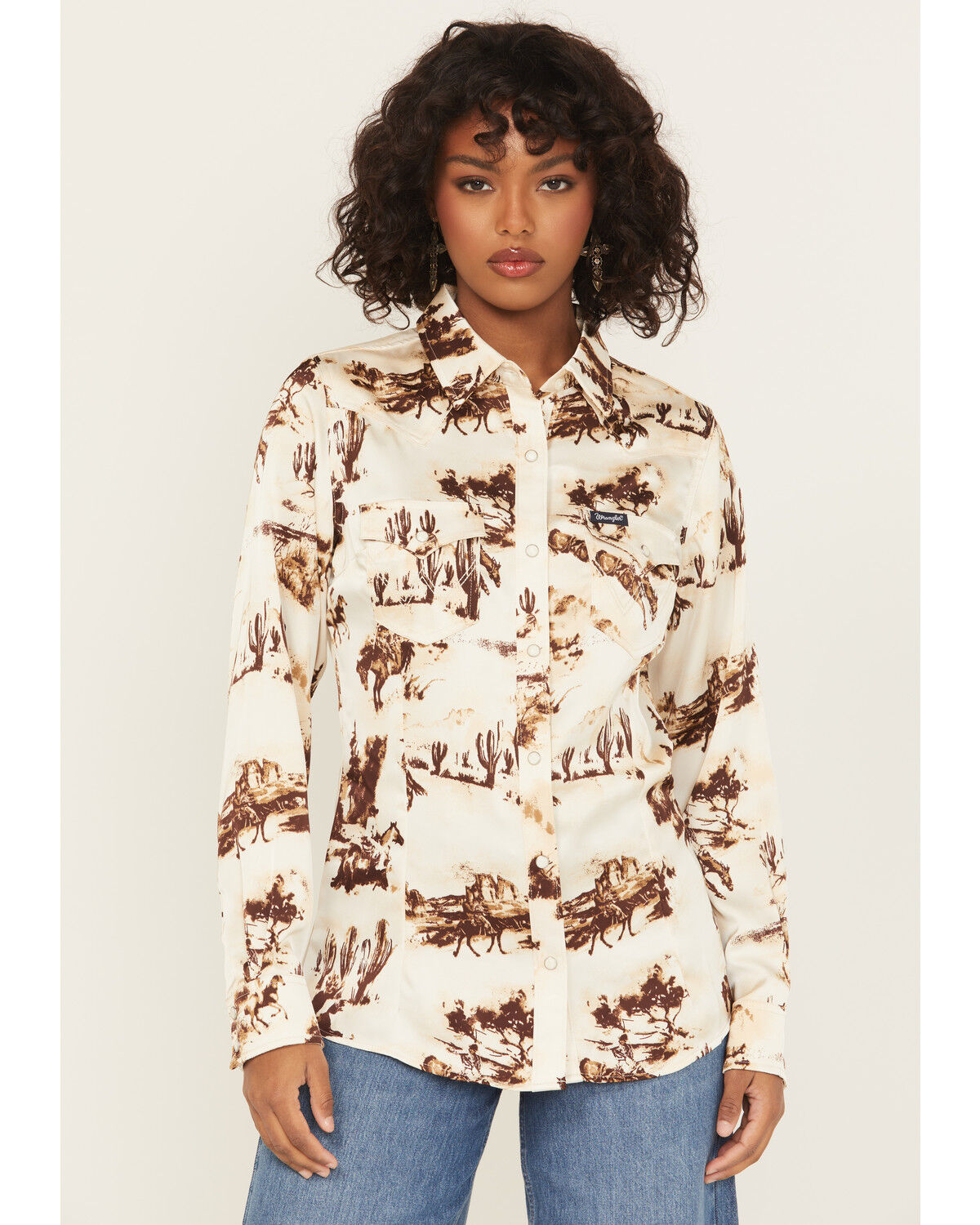Wrangler Retro Women's Horse Conversational Print Long Sleeve Snap Western Shirt, Cream, hi-res