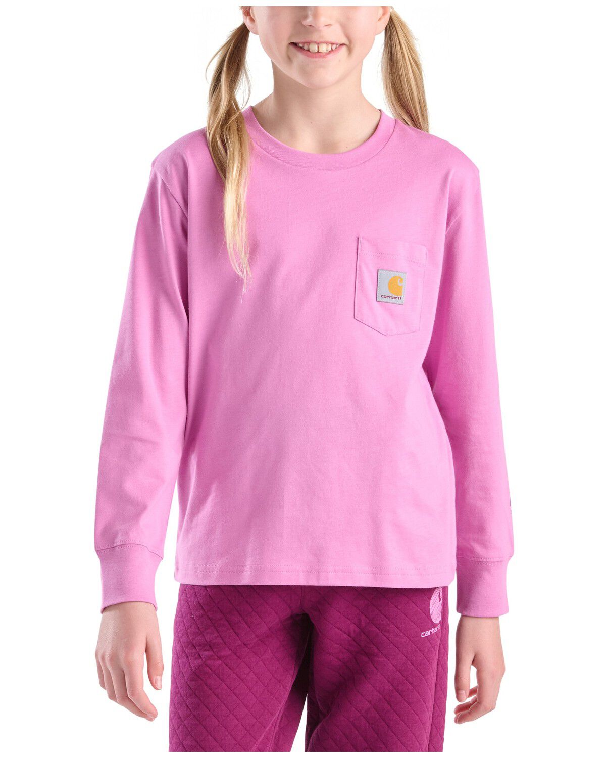 Image #1 - Carhartt Girls' Logo Long Sleeve Graphic Pocket Tee, Pink, hi-res