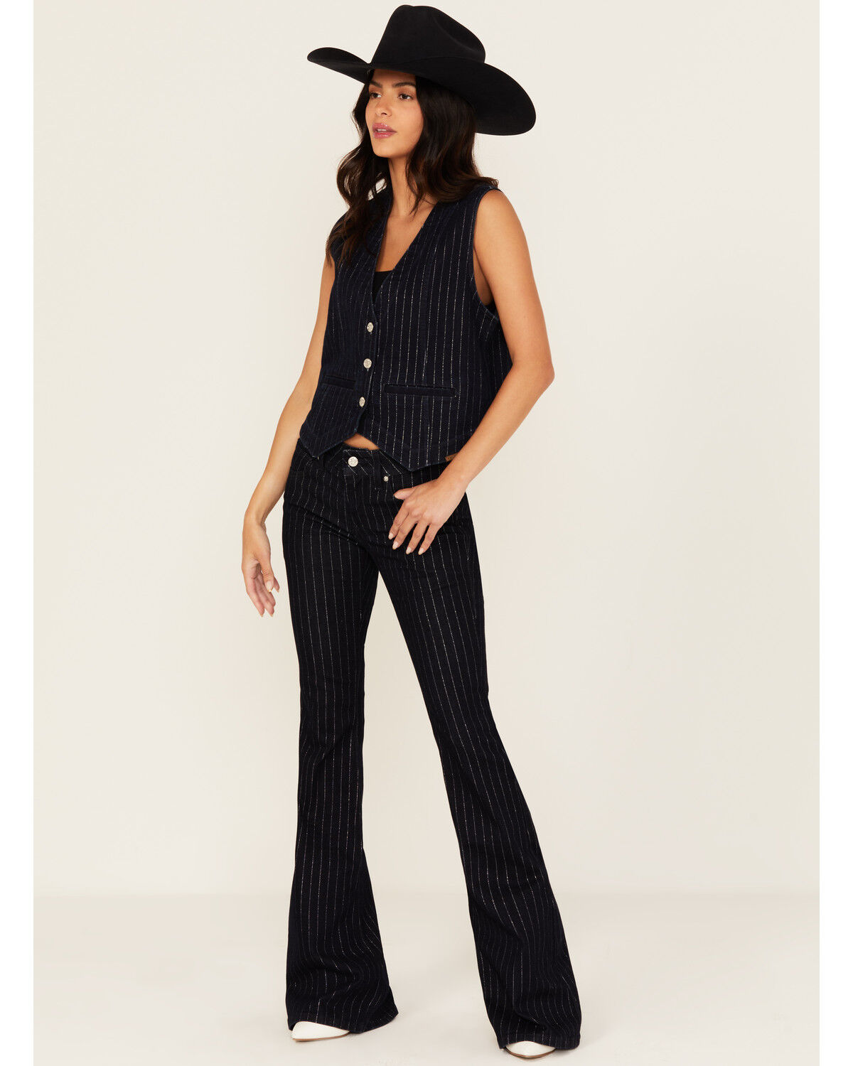Image #1 - Ariat Women's Jasmine Pinstripe Dark Wash Flare Stretch Denim Jeans, Dark Wash, hi-res