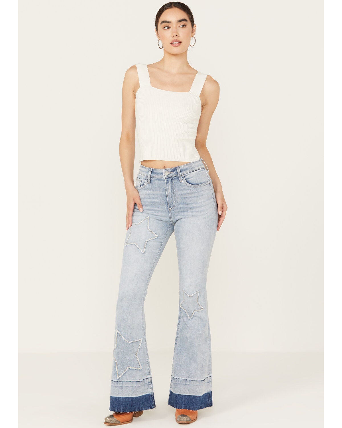 Ceros Women's Light Wash High Rise Starred Flare Stretch Jeans, Light Wash, hi-res