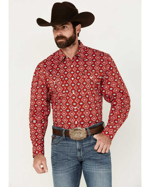 Rodeo Clothing Men's Southwestern Print Long Sleeve Pearl Snap Stretch Western Shirt , Red, hi-res