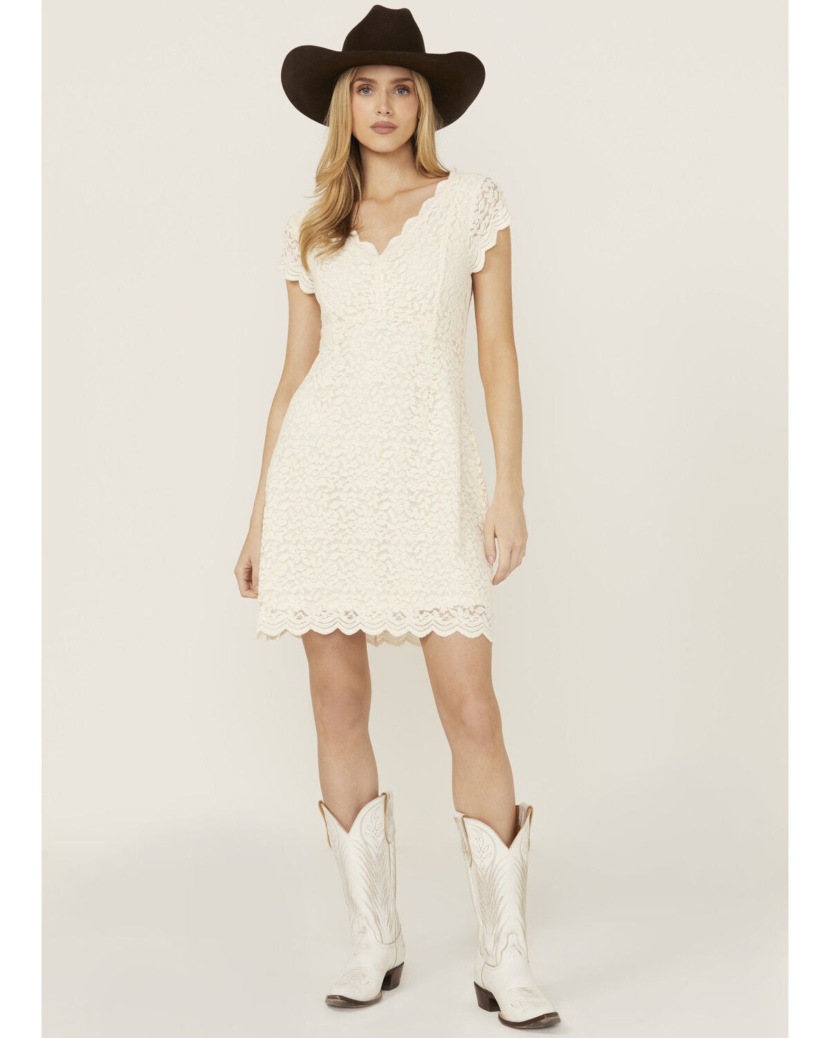Shyanne Women's Lace Short Sleeve Mini Dress, Cream, hi-res