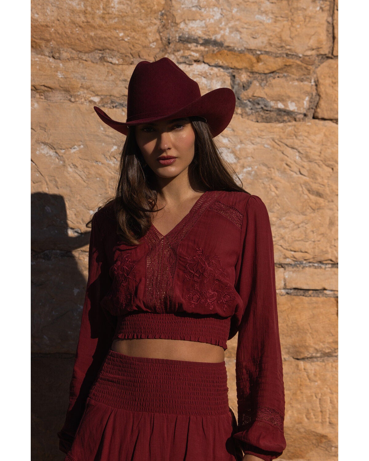 Shyanne Women's Embroidered Smocked Long Sleeve Shirt, Burgundy, hi-res