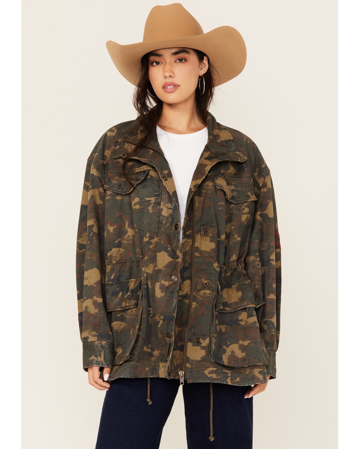Free People Women's Arya Utility Camo Print Jacket, Olive, hi-res