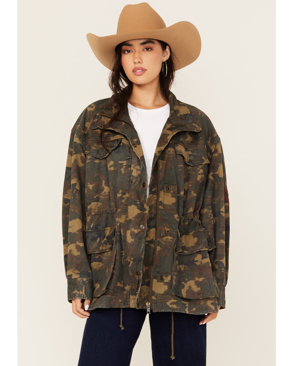 Image #1 - Free People Women's Arya Utility Camo Print Jacket, Olive, hi-res