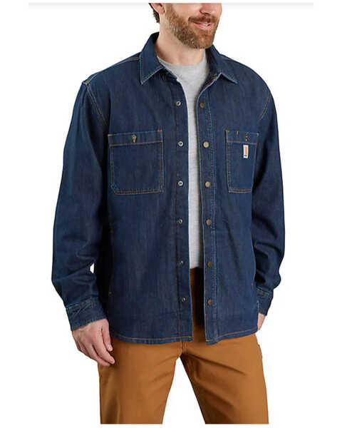 Carhartt Men's Relaxed Fit Denim Fleece Lined Snap-Front Shirt Jacket, Blue, hi-res