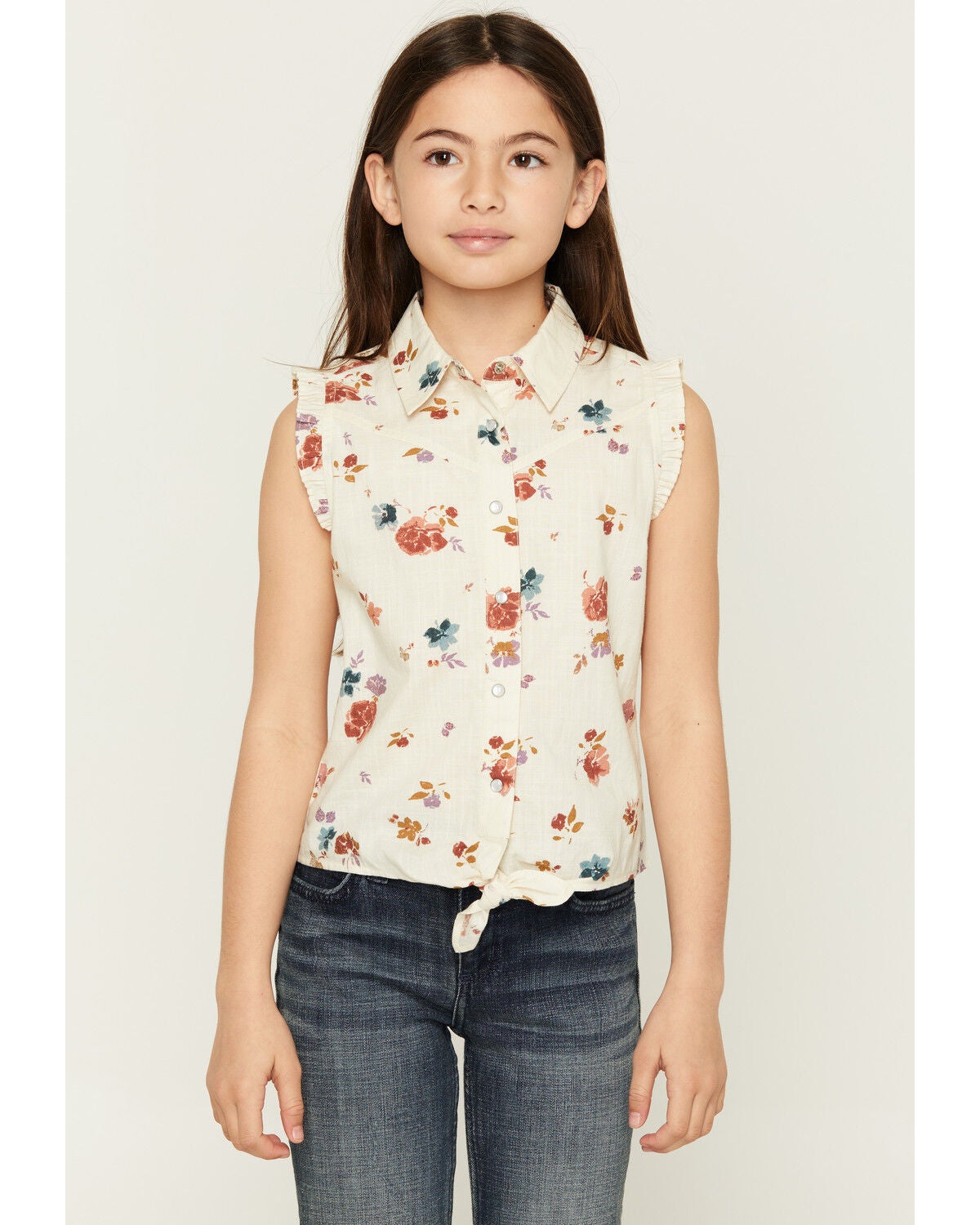 Image #1 - Shyanne Girls' Floral Print Sleeveless Snap Western Shirt, Oatmeal, hi-res