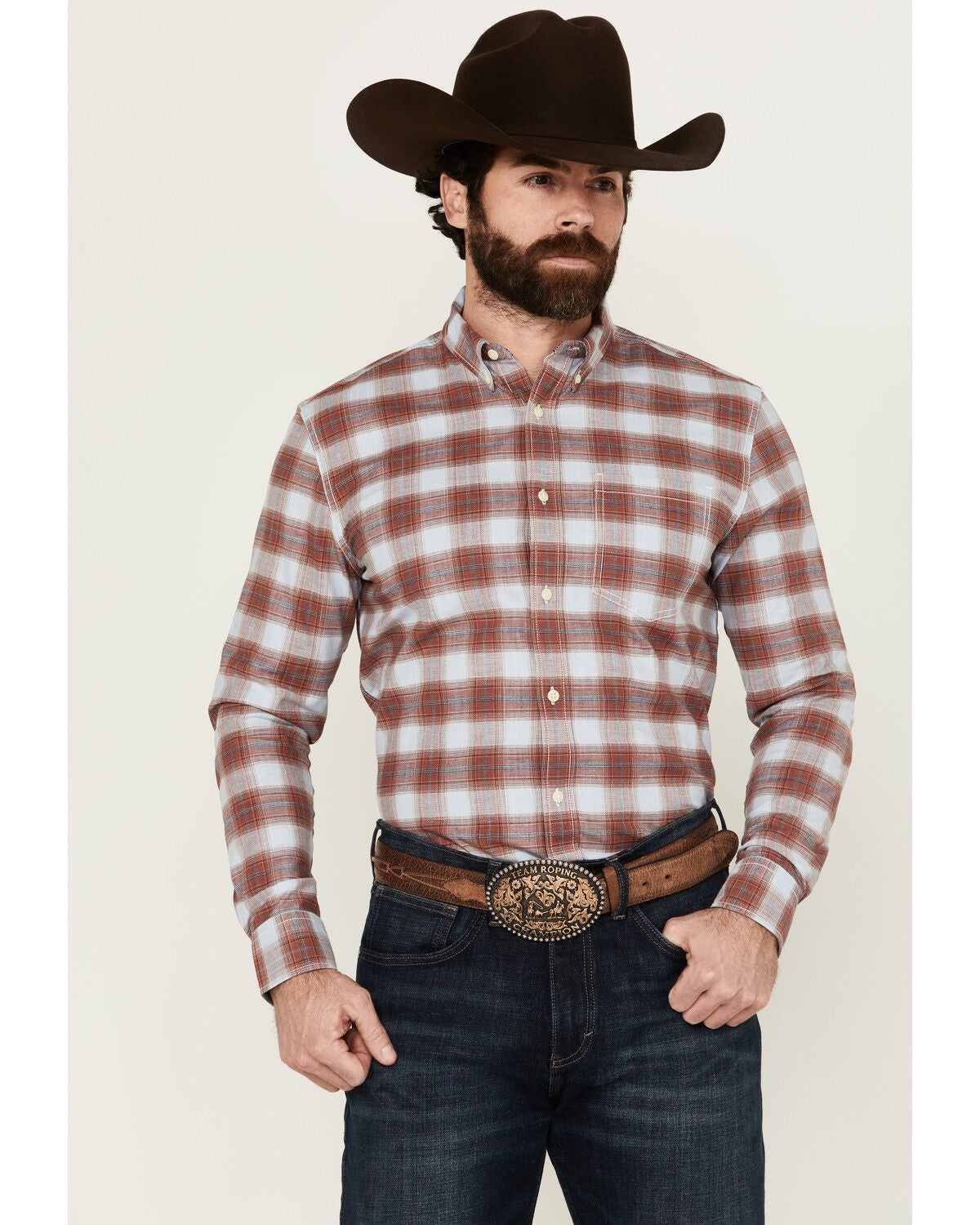 Cody James Men's Rush Plaid Print Long Sleeve Button-Down Stretch Western Shirt, Ivory, hi-res