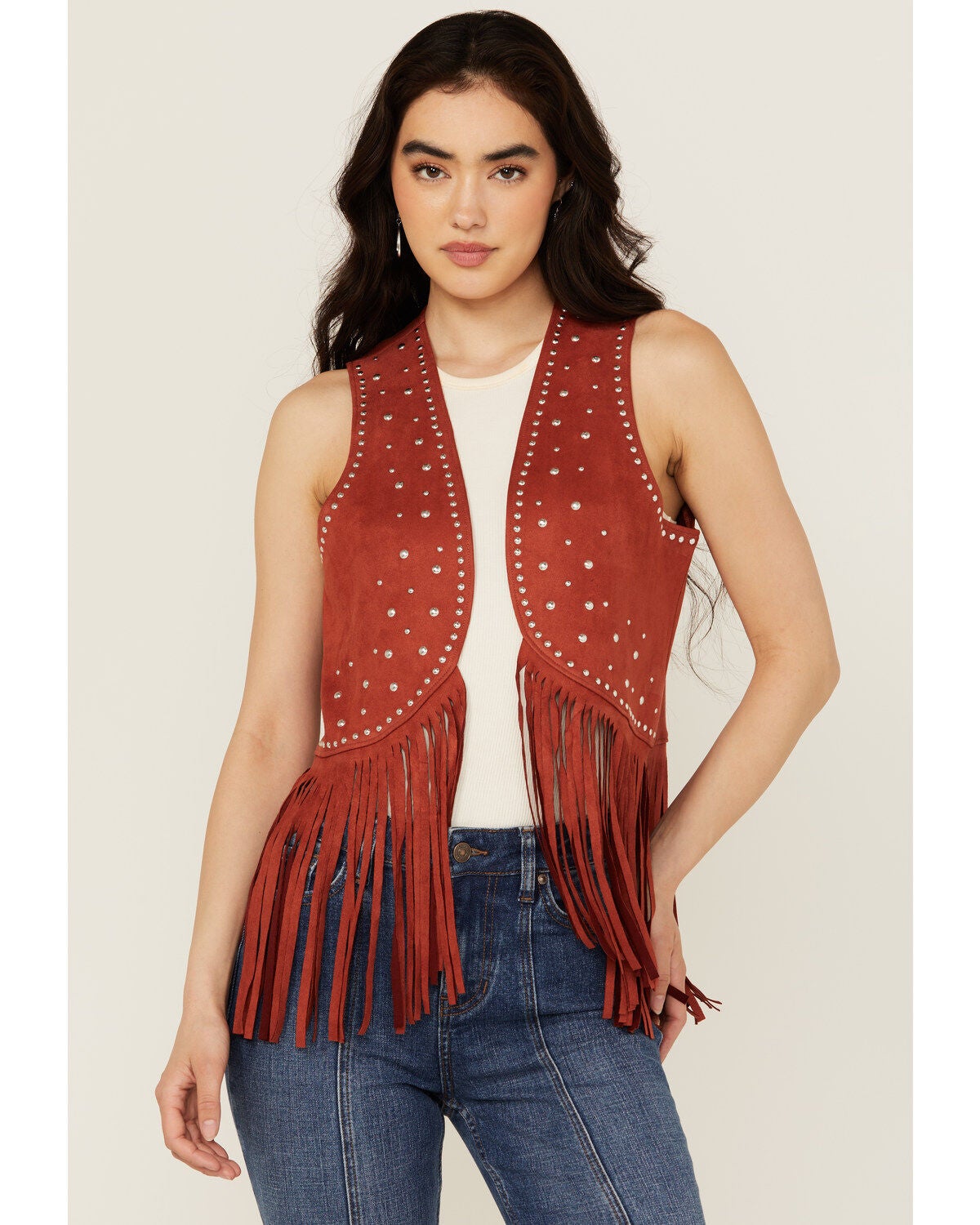 Rock & Roll Denim Women's Faux Suede Studded Fringe Vest, Rust Copper, hi-res
