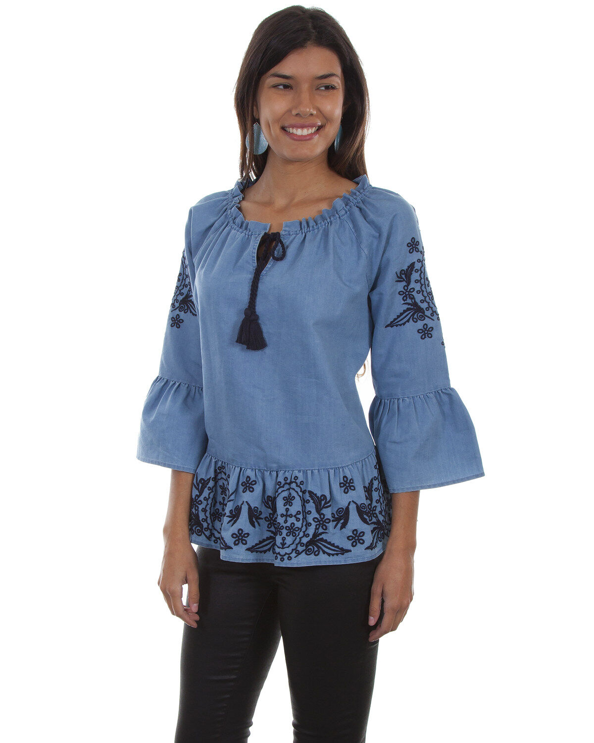 Image #1 - Honey Creek by Scully Women's Denim Peplum Long Sleeve Blouse, , hi-res