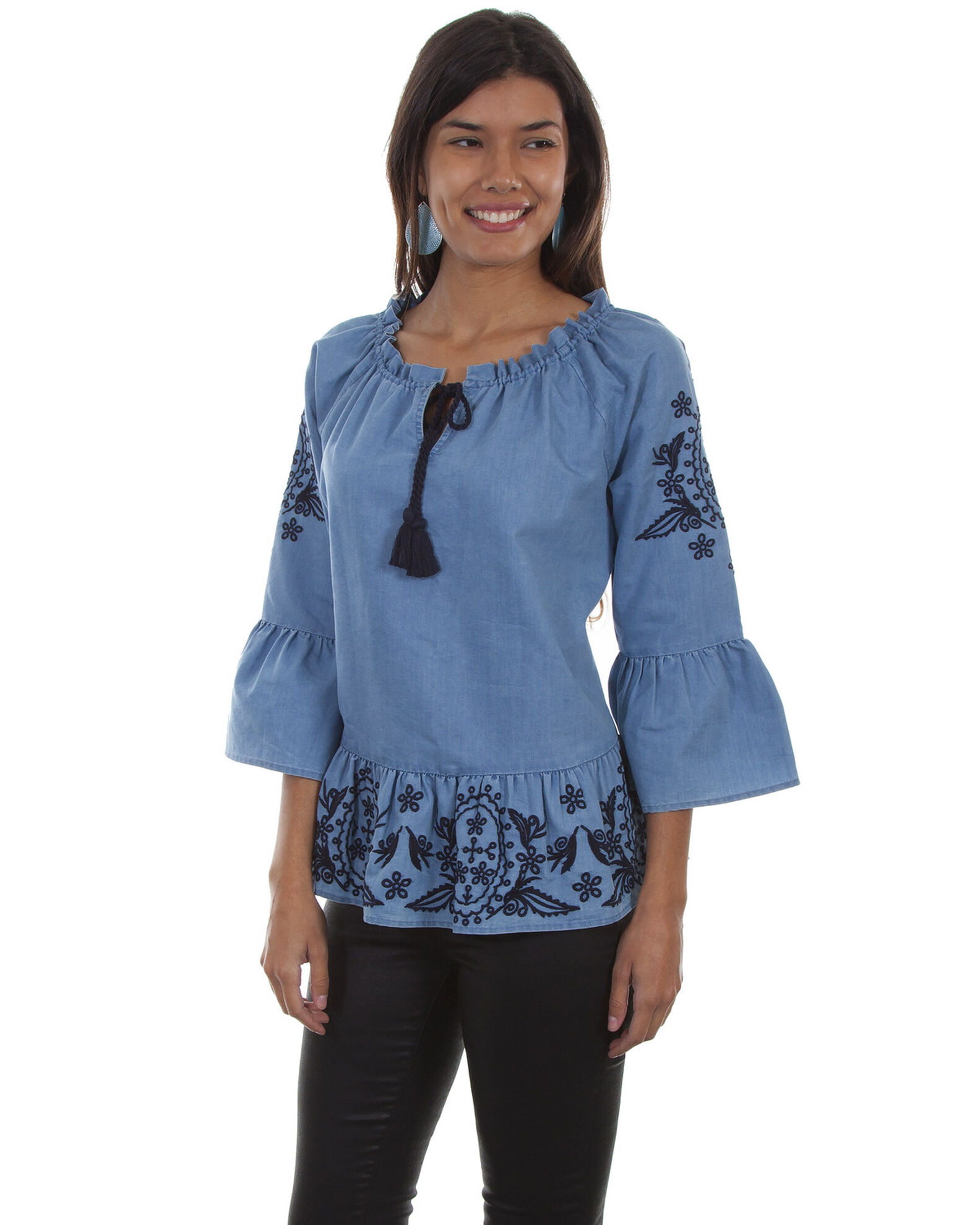Image #1 - Honey Creek by Scully Women's Denim Peplum Long Sleeve Blouse, Blue, hi-res