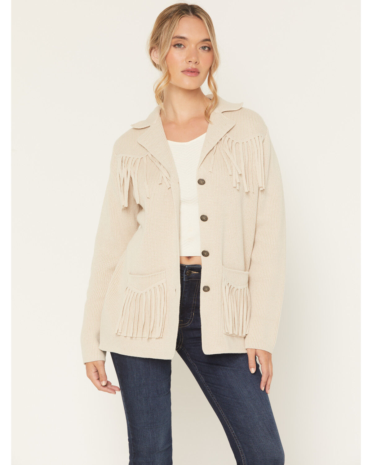 Shyanne Women's Solid Fringe Button-Down Sweater, Oatmeal, hi-res