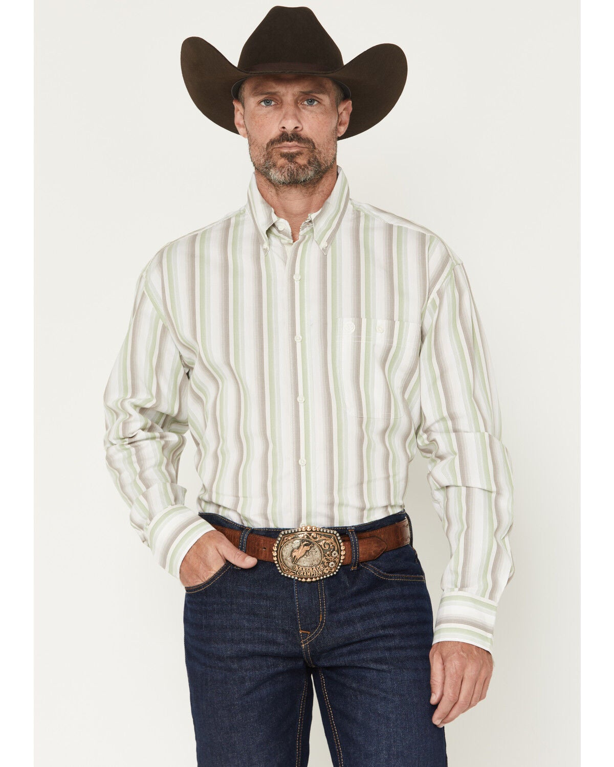 Image #1 - George Strait by Wrangler Men's Striped Long Sleeve Button-Down Stretch Western Shirt, Green, hi-res