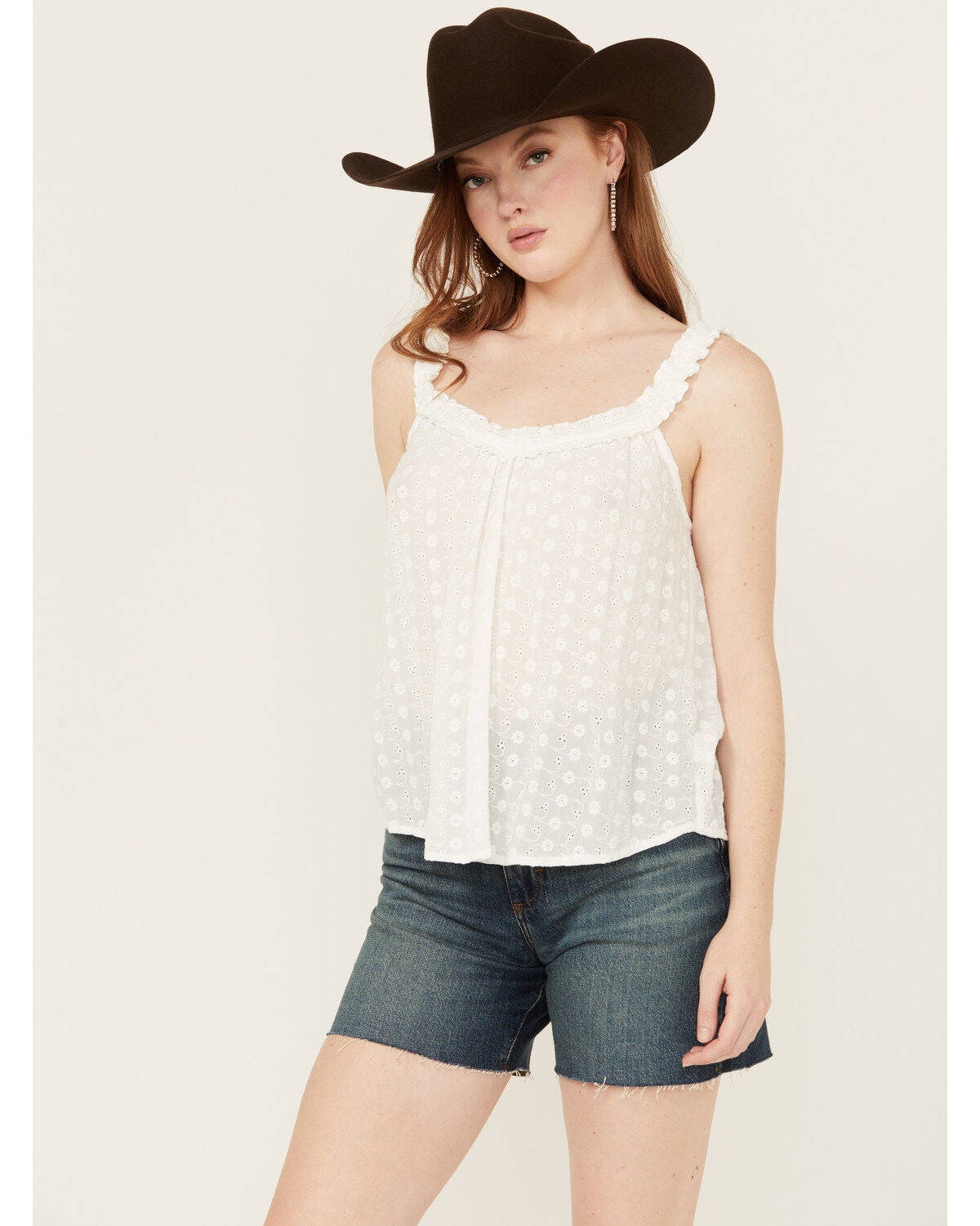 Eyeshadow Women's Eyelet Tank Top, White, hi-res