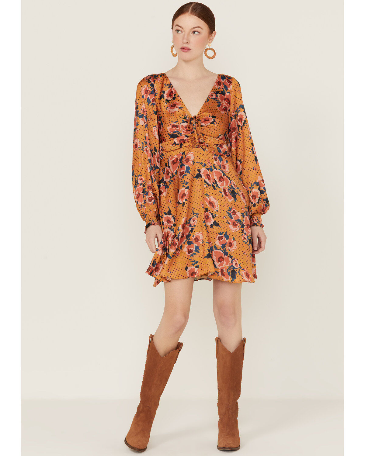 Image #1 - Beyond The Radar Women's Floral Dot Satin Long Sleeve Mini Dress, Mustard, hi-res