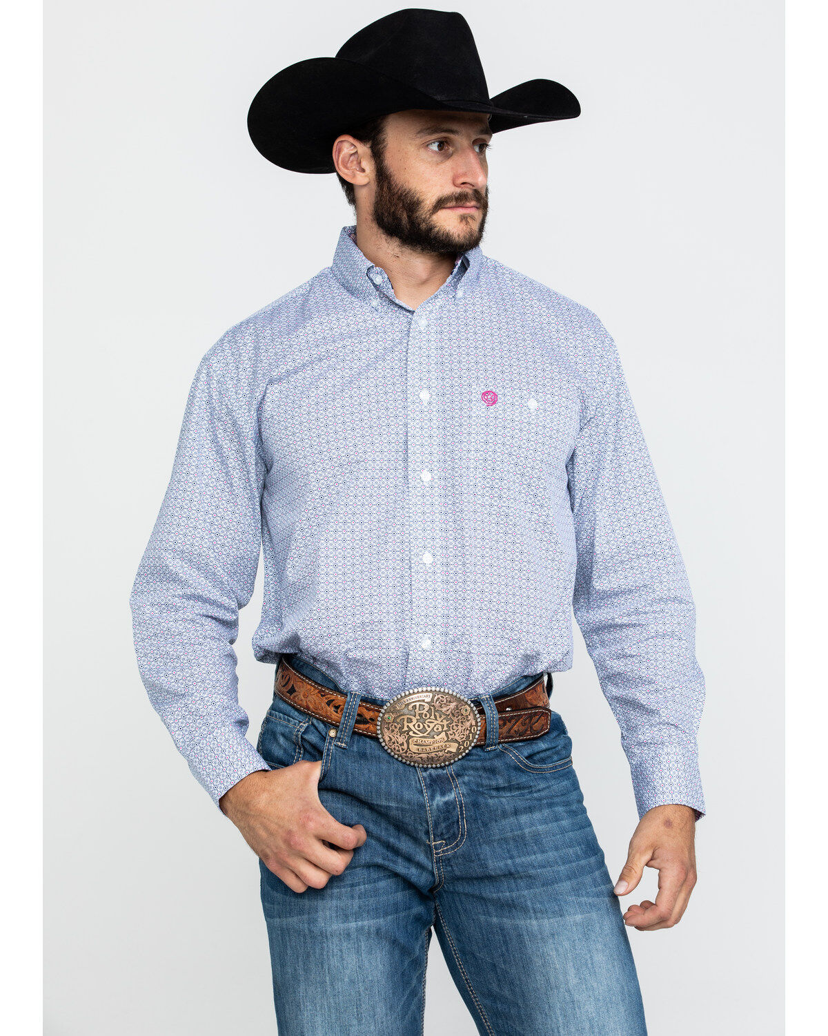 Image #1 - George Strait by Wrangler Men's Navy Small Geo Print Long Sleeve Western Shirt, , hi-res