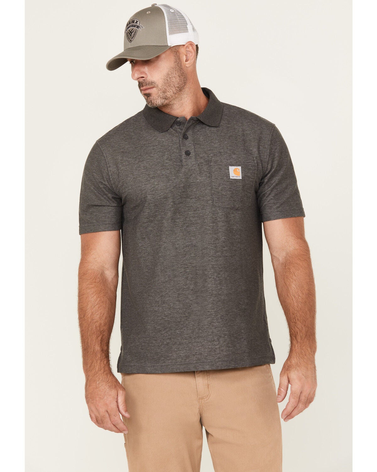 Carhartt Men's Loose Fit Midweight Short Sleeve Button-Down Polo Shirt, Heather Grey, hi-res