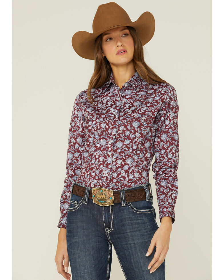 Rock & Roll Denim Women's Floral Print Long Sleeve Snap Western Shirt, Burgundy, hi-res