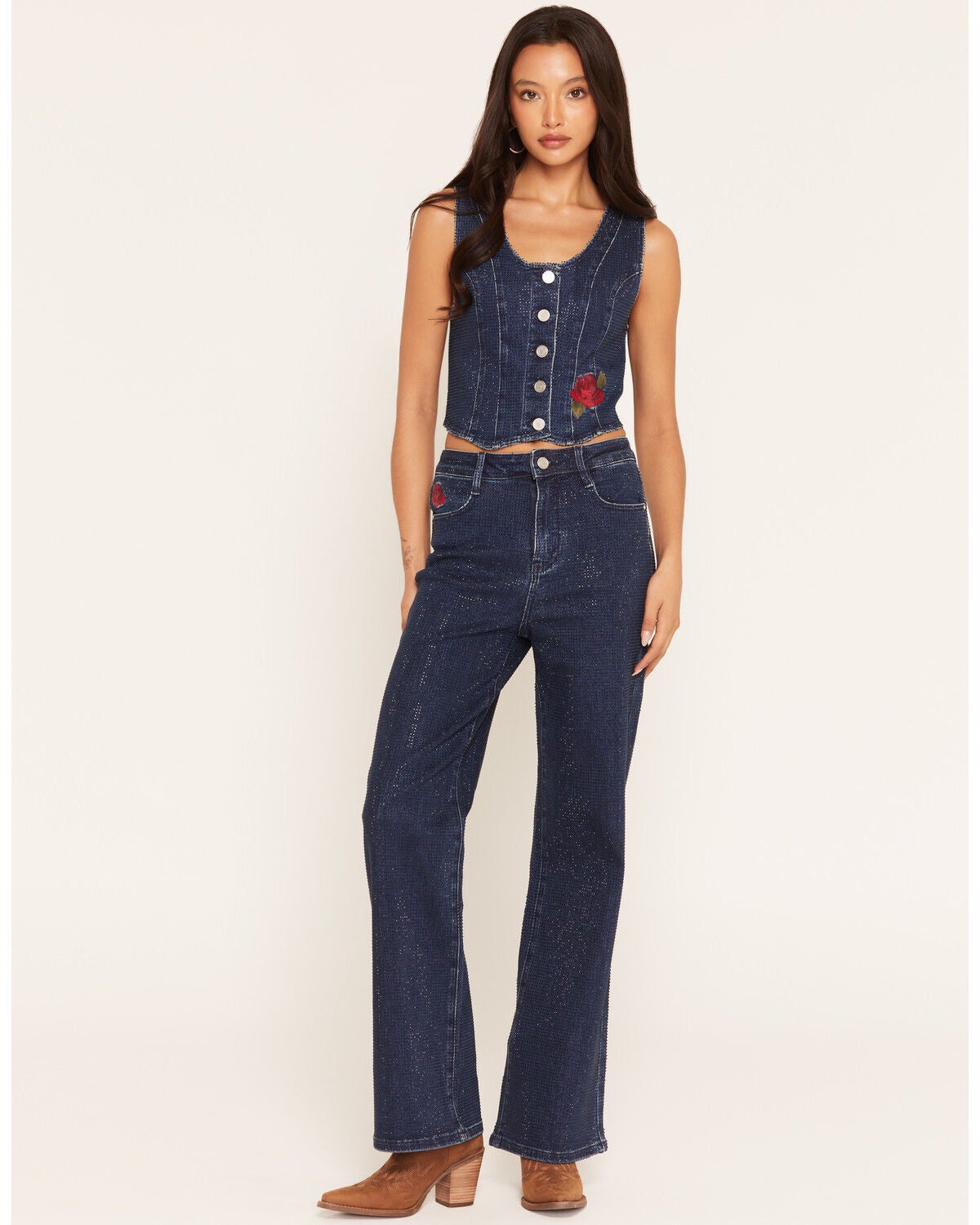 Image #1 - Rodeo Quincy X Boot Barn Women's Rhinestone Cowboy Dark Wash High Rise Wide Leg Stretch Denim Jeans, Dark Wash, hi-res