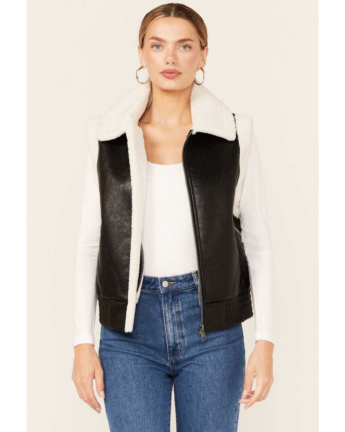 Ashley Women's Faux Leather Aviator Sherpa Zip-Up Vest, Black, hi-res