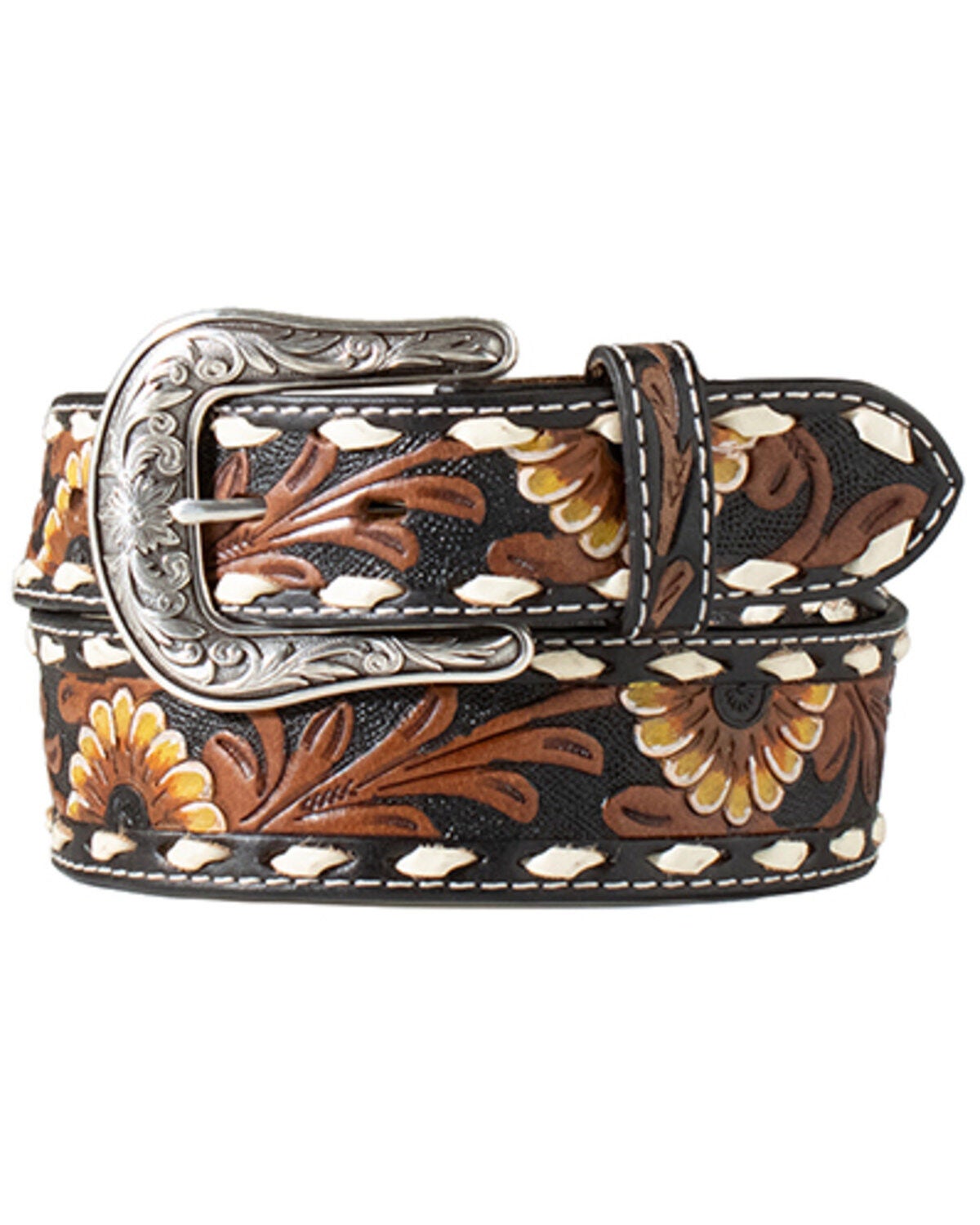 Nocona Women's Sunflower Tooled Belt, Black, hi-res