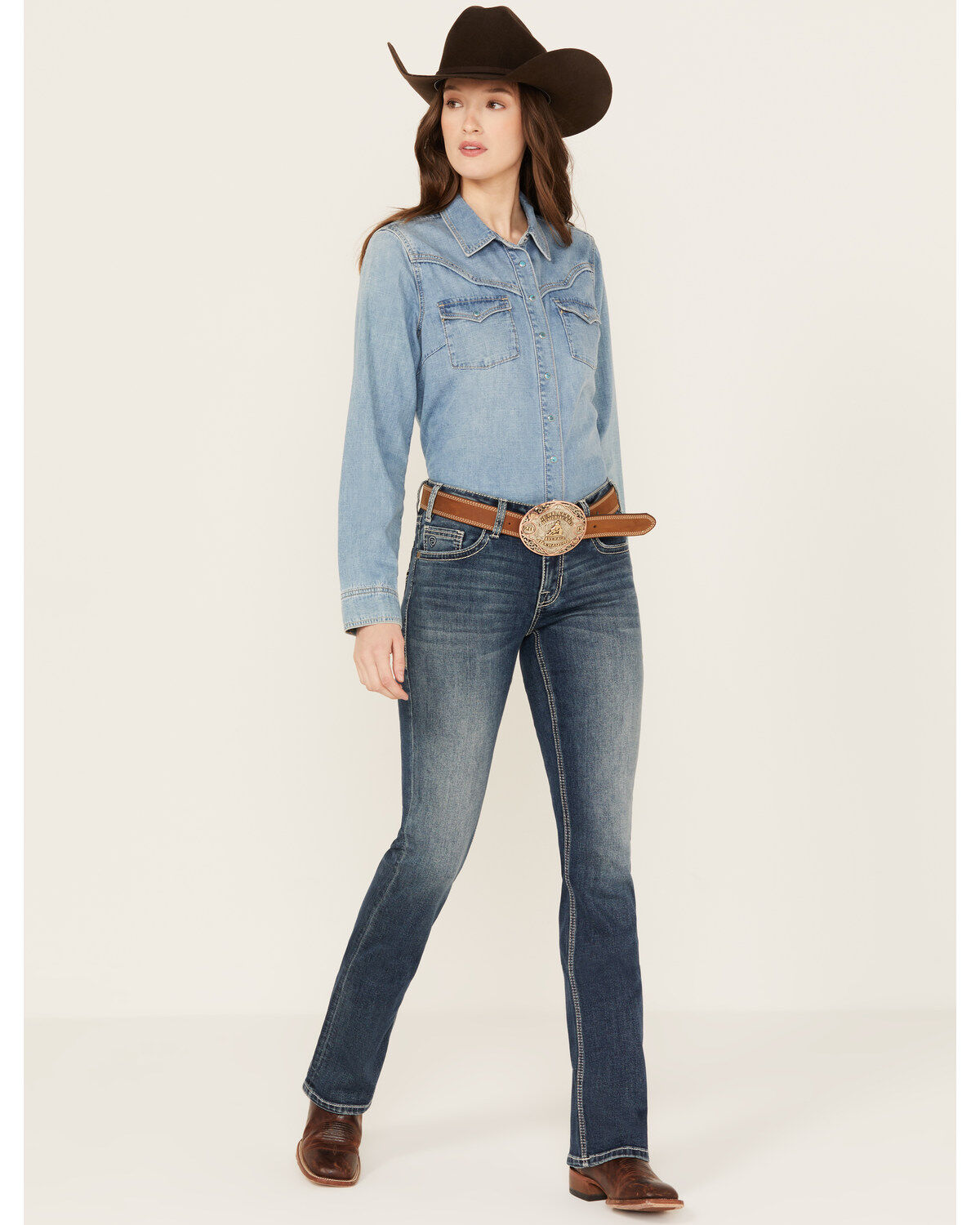 Image #1 - Panhandle Women's Medium Wash Mid Rise Stretch Riding Jeans, Medium Wash, hi-res