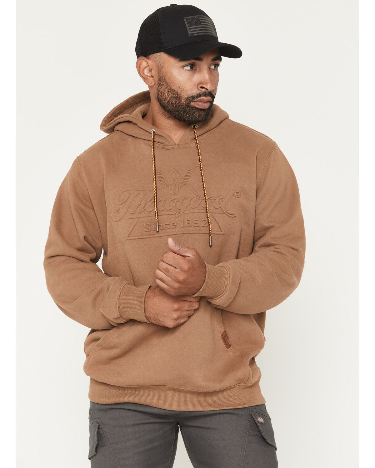 Thorogood Men's Solid Embossed Logo Hooded Sweatshirt, Khaki, hi-res